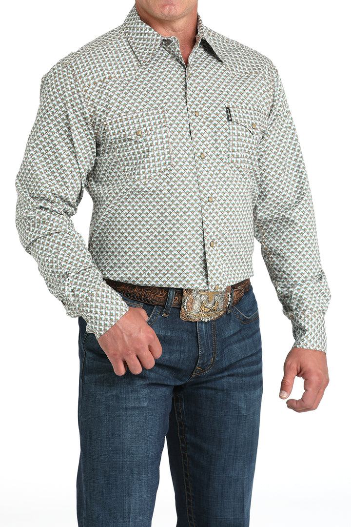 Cinch Men's White Geometric Print Modern Fit Snap Down Shirt