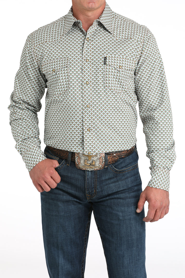 Cinch Men's White Geometric Print Modern Fit Snap Down Shirt