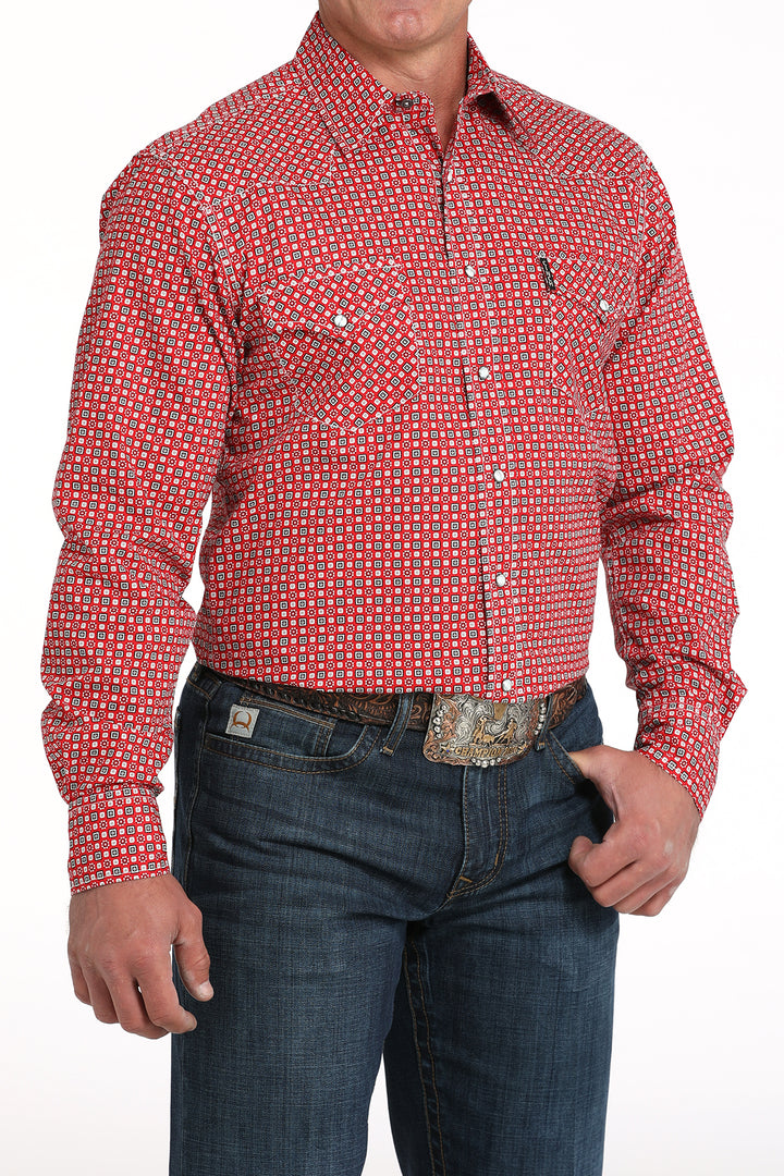 Cinch Men's Red Geometric Print Modern Snap Down Shirt