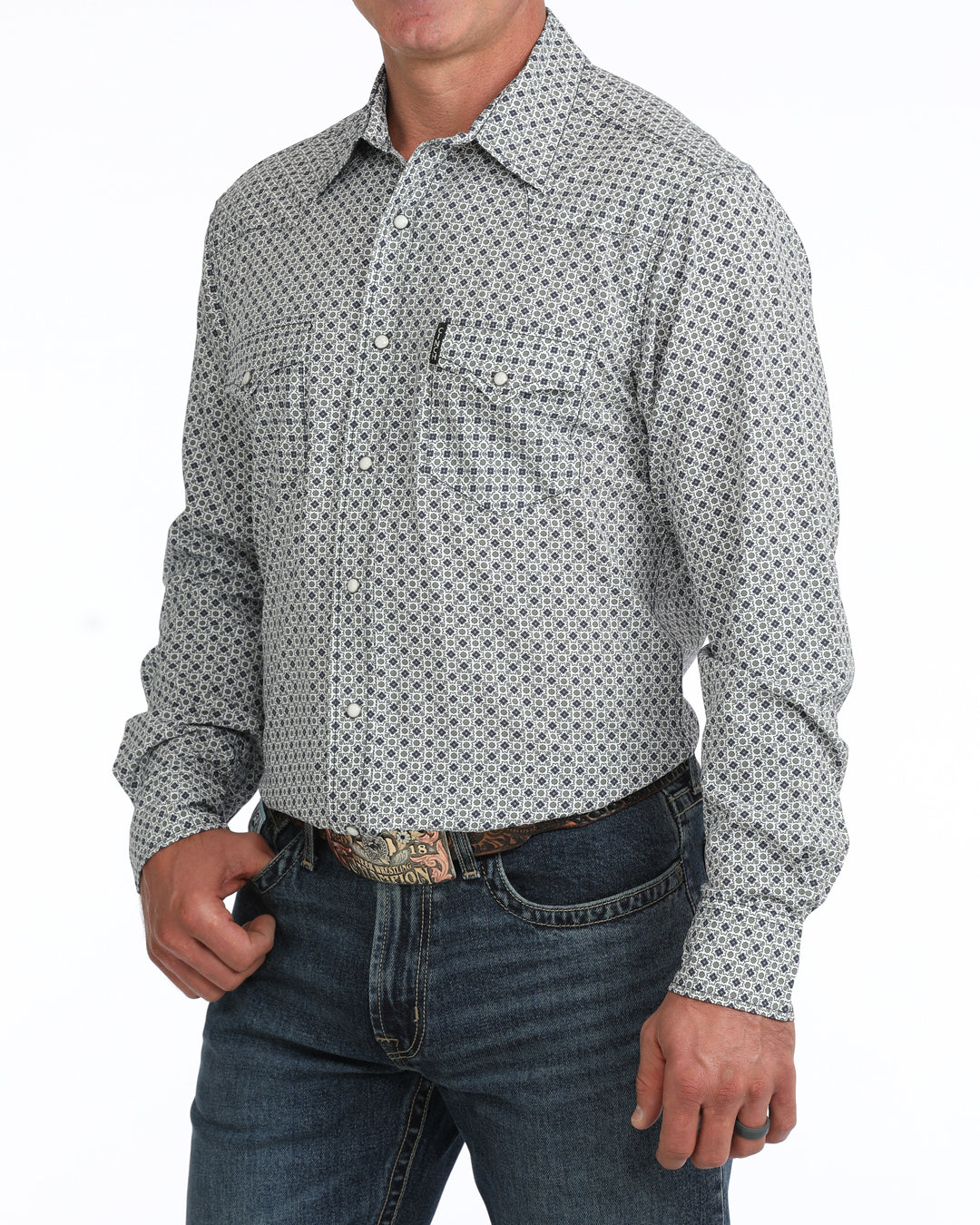 Cinch men's white western snap shirt with geometric print, modern fit, suitable for casual or western wear, featuring button closures.