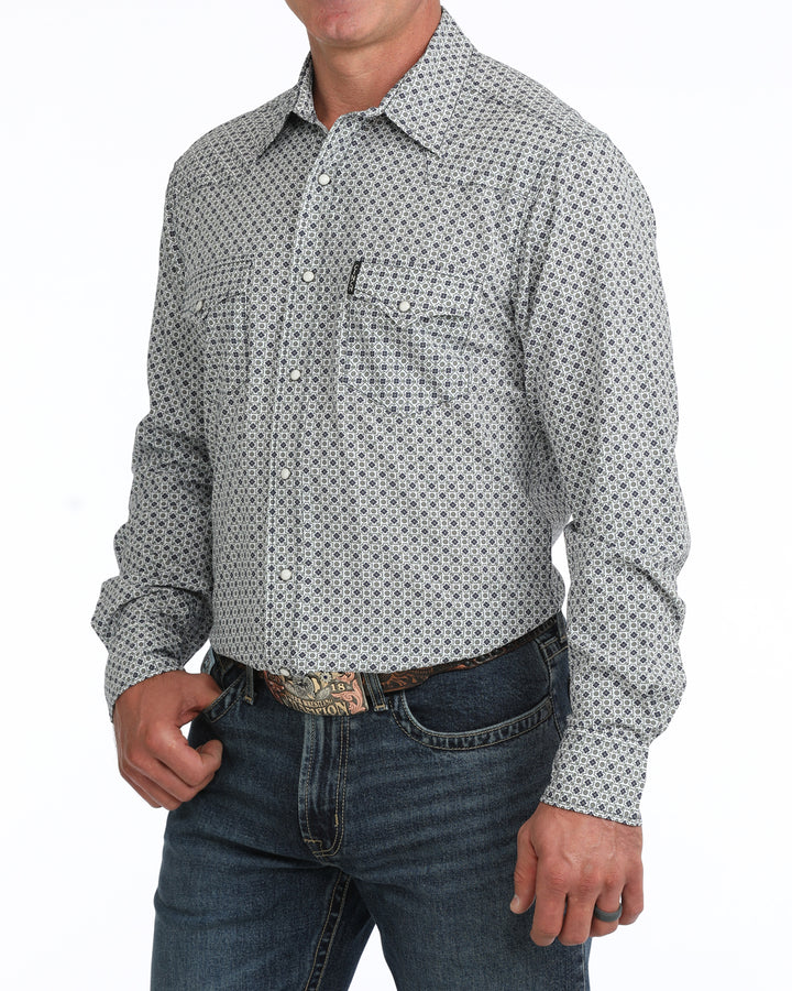 Cinch men's white western snap shirt with geometric print, modern fit, suitable for casual or western wear, featuring button closures.