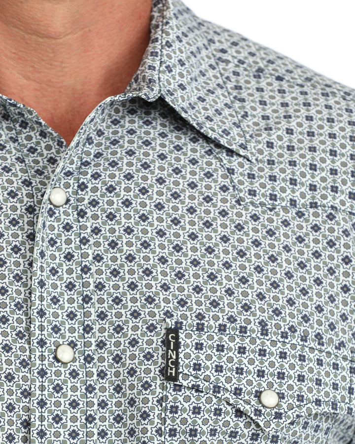 Cinch men's white geometric print modern fit snap shirt, Western wear style with button snaps and stylish pattern.