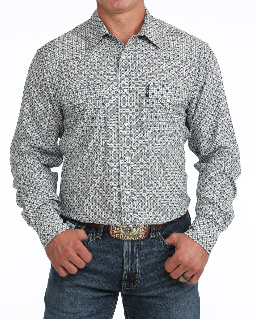 Cinch men's white western snap shirt with geometric print, modern fit, short sleeves, casual western wear for men.