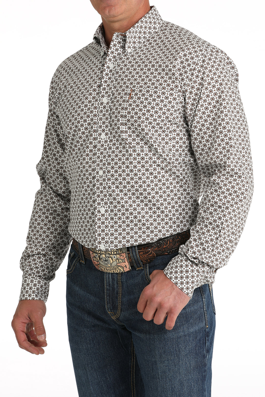 Cinch Men's White Geometric Button Down Shirt