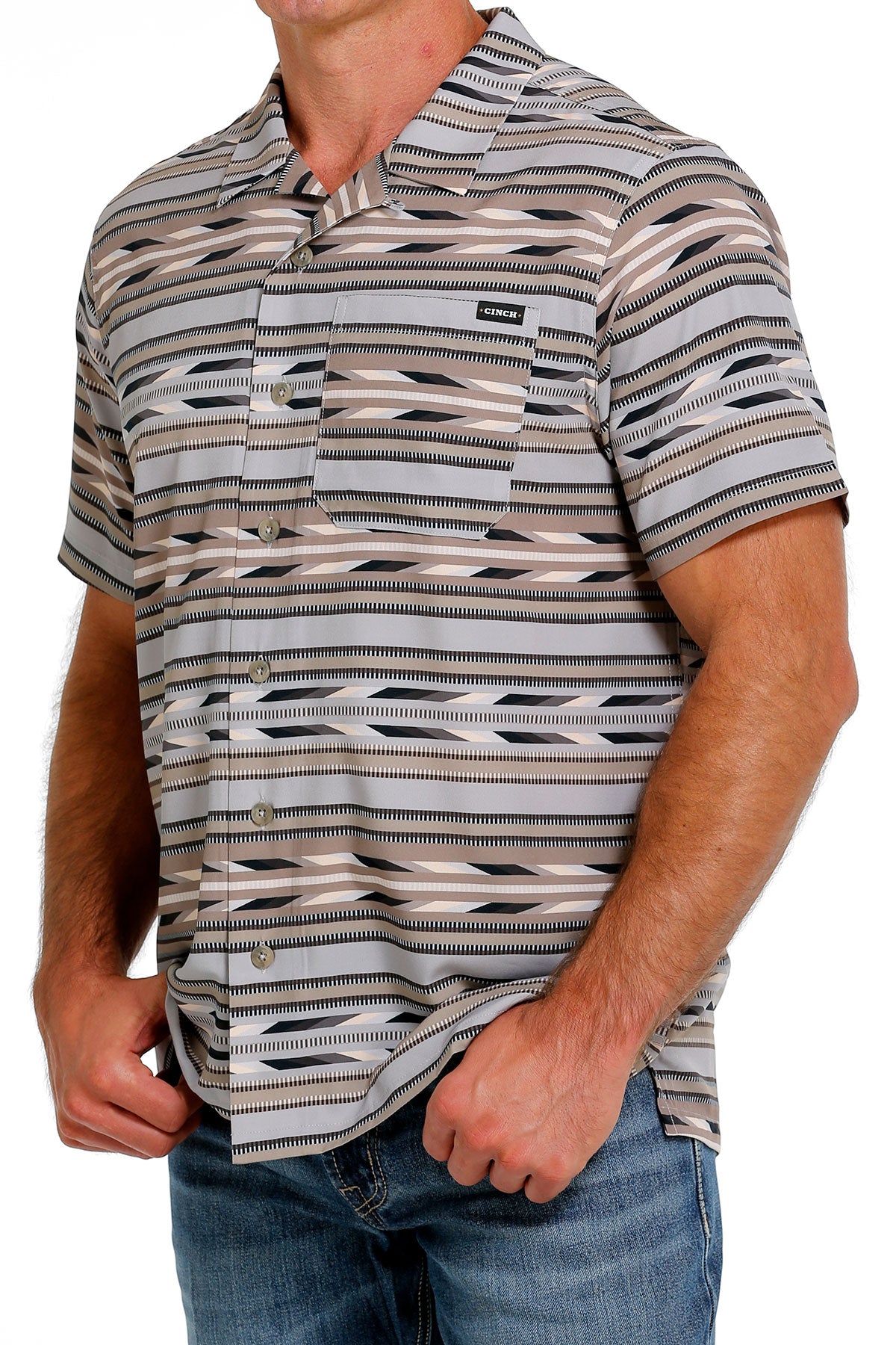 Cinch Men's Grey Stripe Short Sleeve Camp Shirt