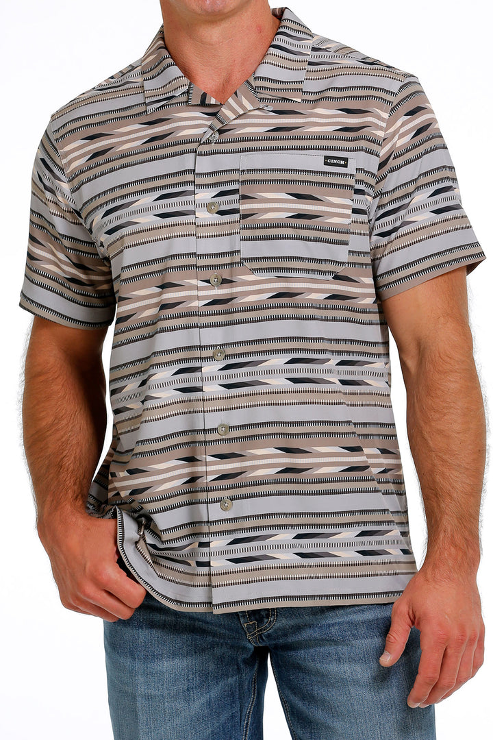 Cinch Men's Grey Stripe Short Sleeve Camp Shirt