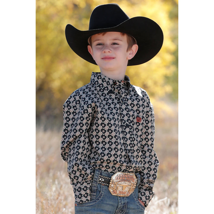 Cinch Boy's Match Dad Black and Khaki Medallion Print Western Shirt