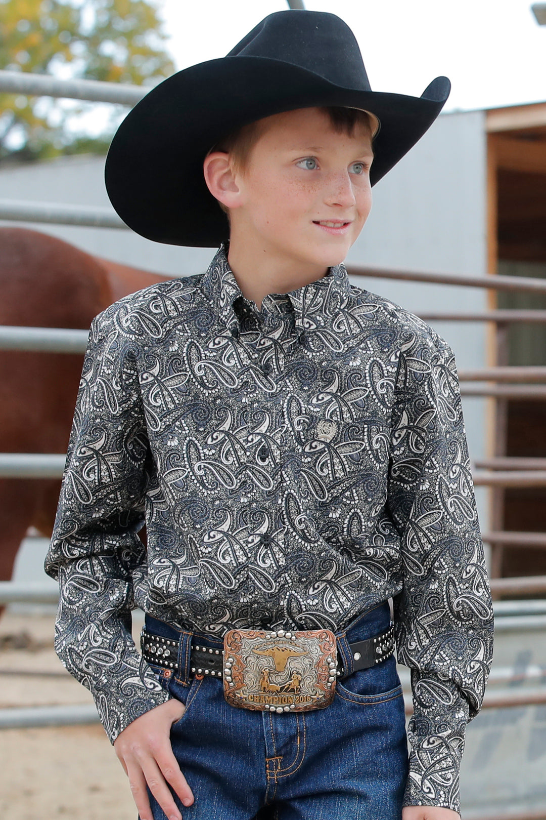 Cinch Boy's Blue and Black Paisley Button Down Western Shirt-Match Dad