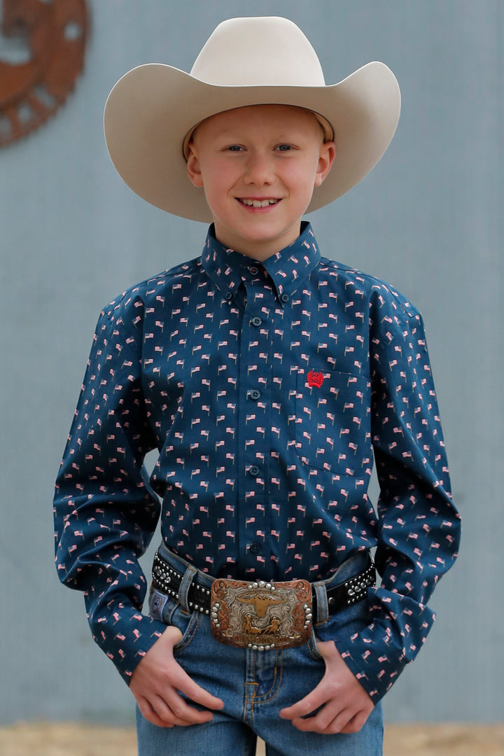 Cinch Boy's Match Dad Navy Flag Print Button Down Shirt