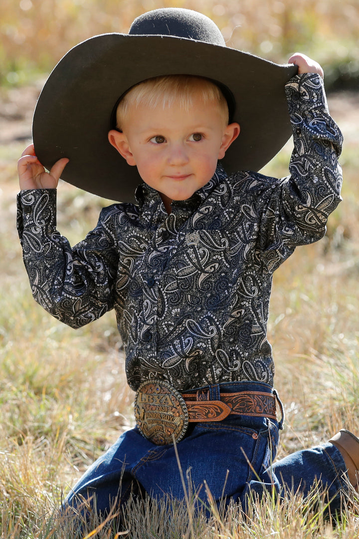 Cinch Boy's Blue and Black Paisley Button Down Western Shirt-Match Dad