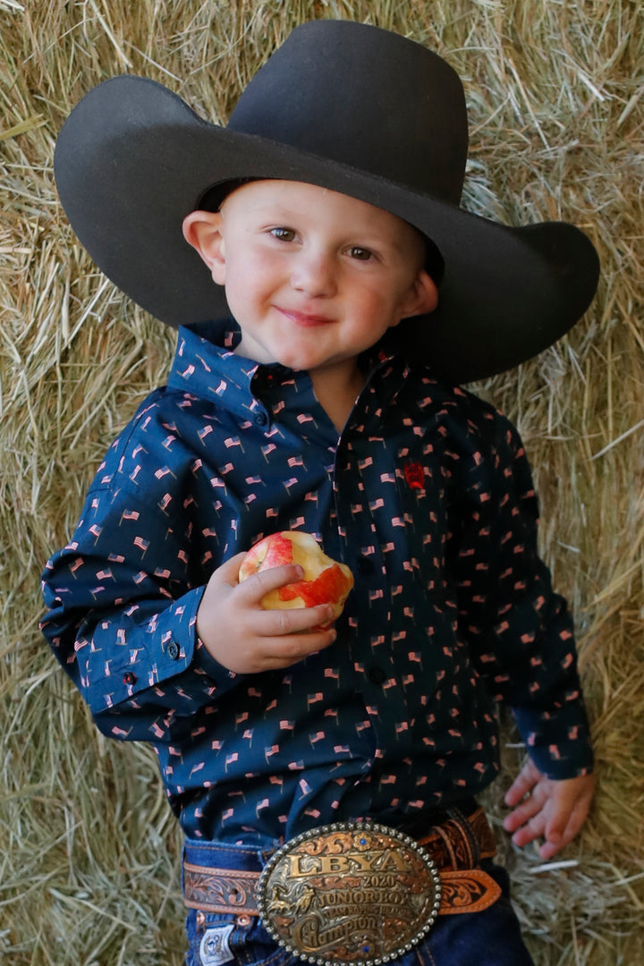 Cinch Boy's Match Dad Navy Flag Print Button Down Shirt