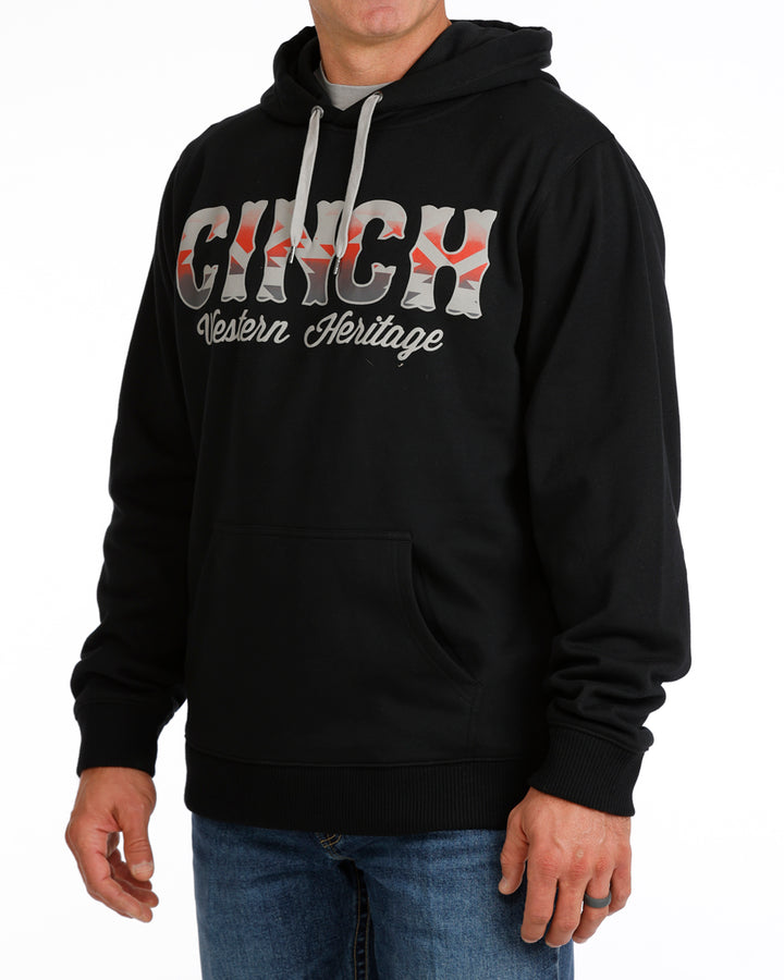 Cinch men's black Aztec printed logo hoodie with Western-inspired design and casual fit, made for comfortable western wear.
