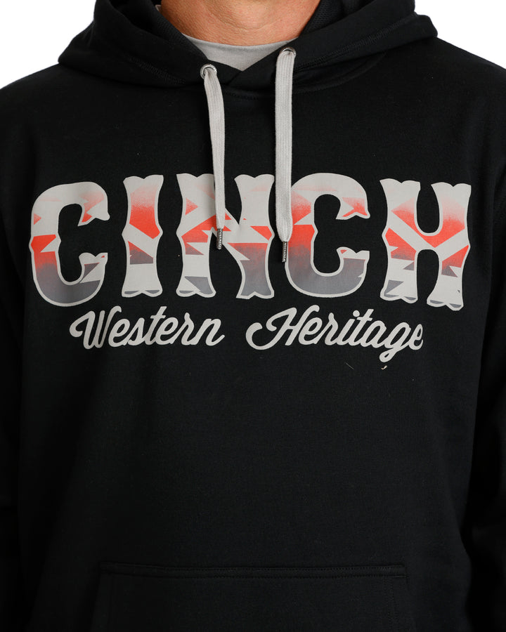Cinch men's black Aztec printed logo hoodie featuring western-inspired design and comfortable fit.