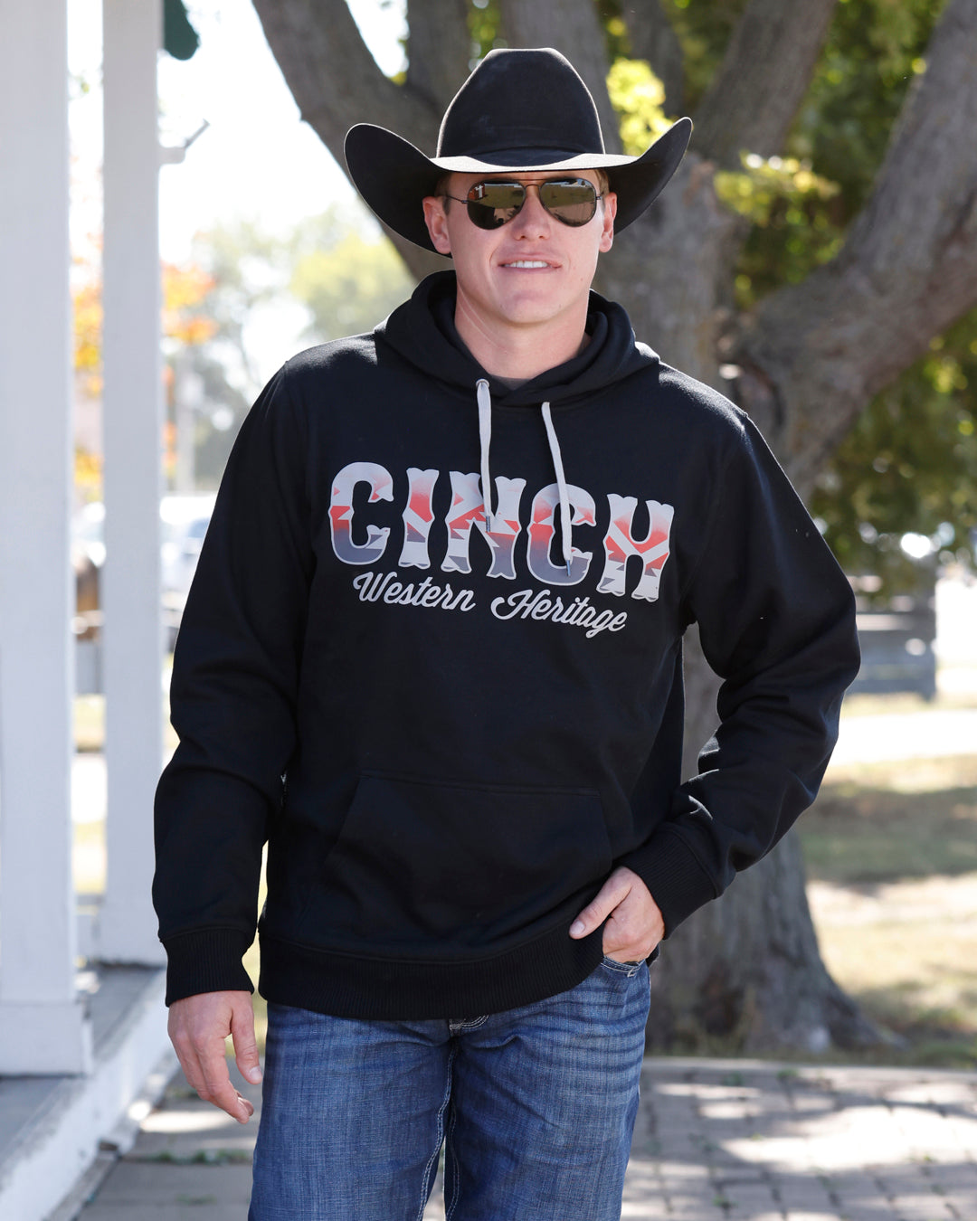 Cinch men's black Aztec printed logo hoodie featuring western-inspired design and casual fit, ideal for Western wear style.
