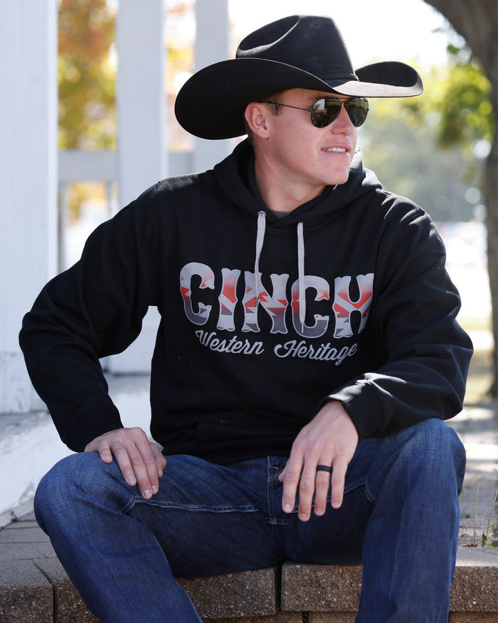 Cinch men's black Aztec printed logo hoodie with Western-inspired design, casual fit, and front pocket.