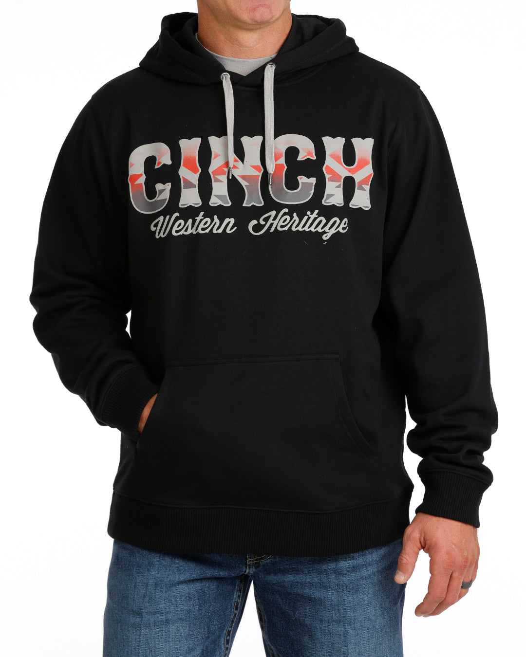 Cinch men's black Aztec printed logo hoodie featuring Western wear style with bold southwestern pattern and comfortable fit.