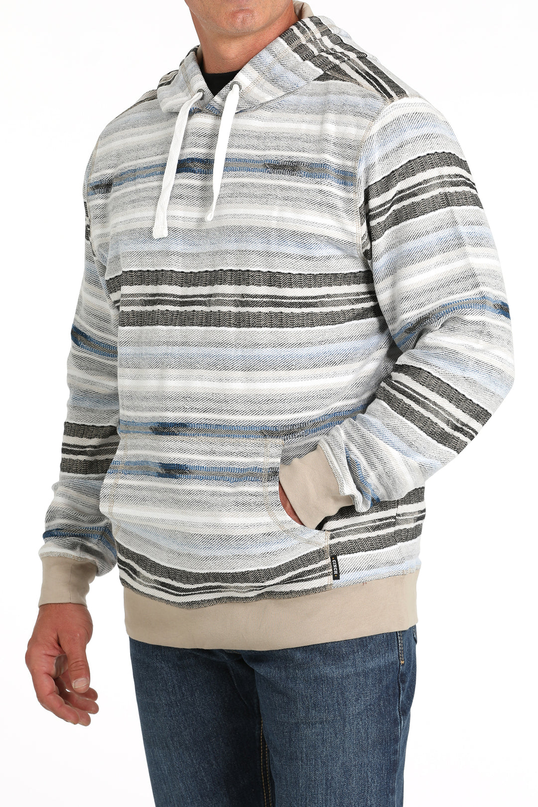 Cinch Men's Grey and Blue Striped Hoodie