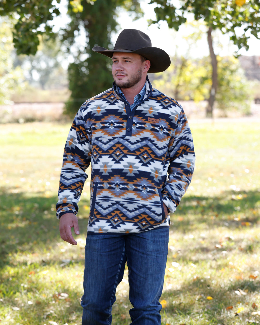 Cinch Men's Navy and Orange Aztec Polar Fleece Pullover