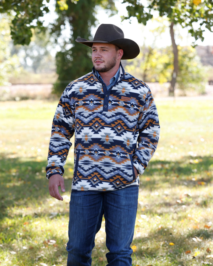 Cinch Men's Navy and Orange Aztec Polar Fleece Pullover