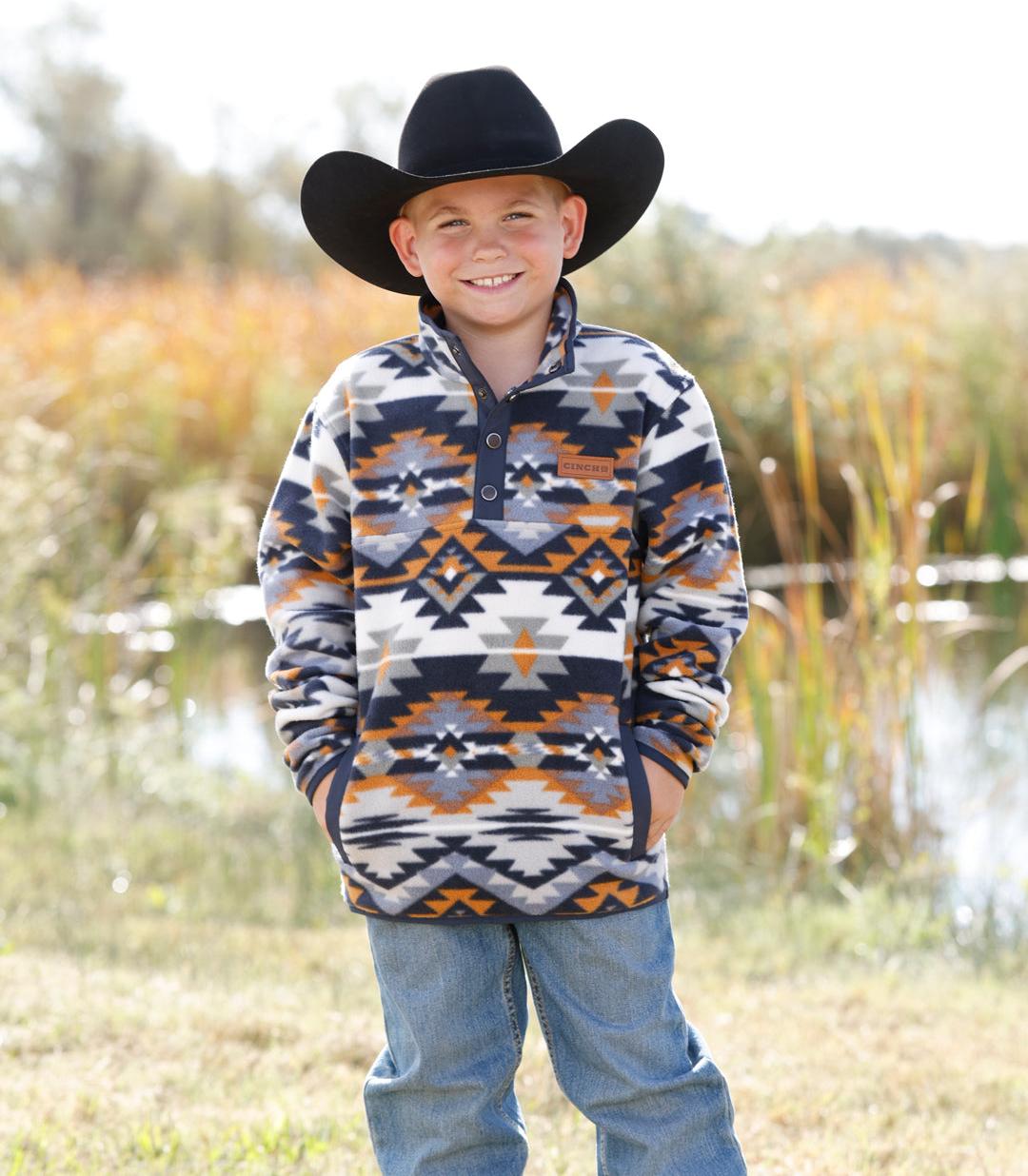 Cinch Boy's Navy and Orange Aztec Polar Fleece Pullover-Match Dad