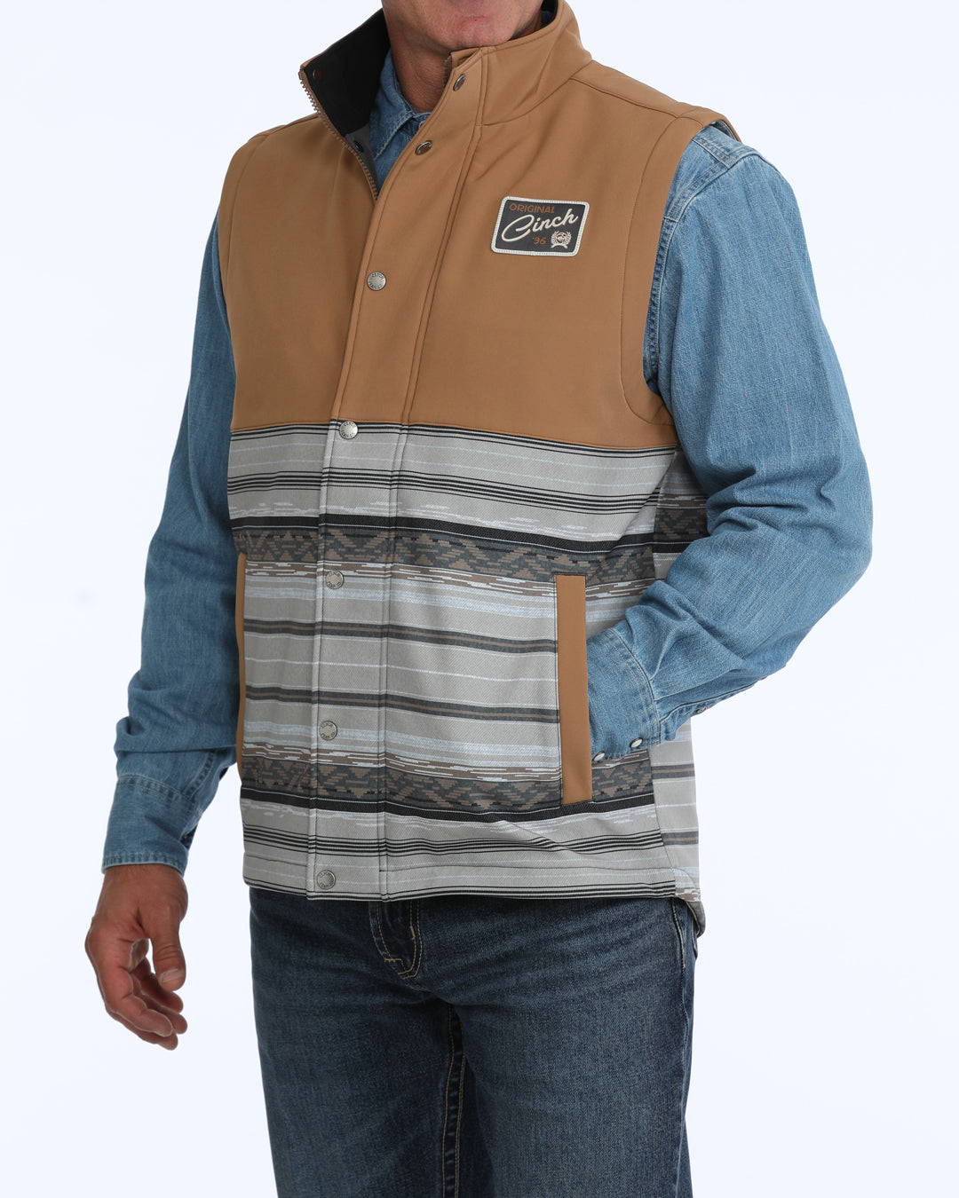 Cinch Men's Tan and Grey Striped Bonded Vest