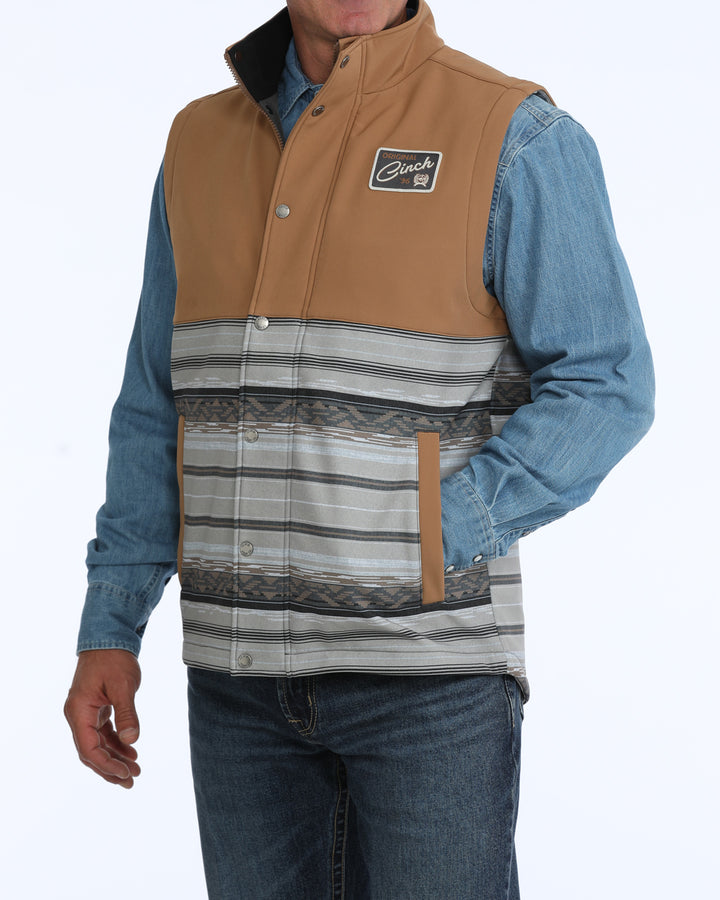 Cinch Men's Tan and Grey Striped Bonded Vest