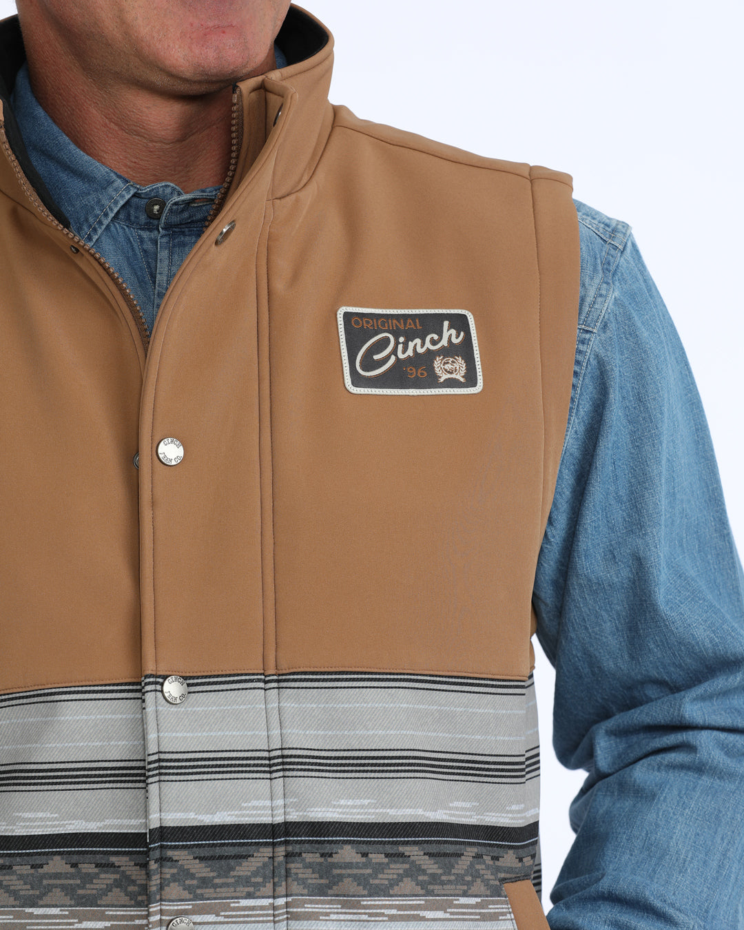 Cinch Men's Tan and Grey Striped Bonded Vest