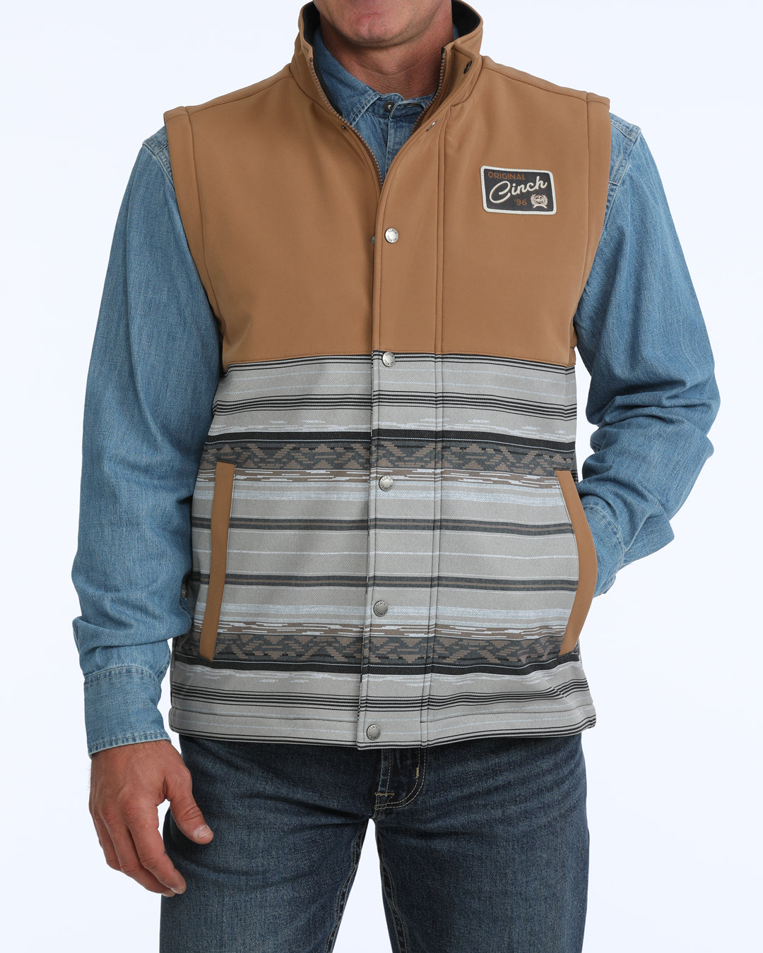 Cinch Men's Tan and Grey Striped Bonded Vest