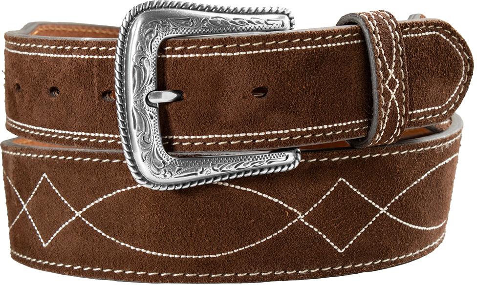 Nocona Chocolate Roughout Leather Belt with Boot Stitch Embroidery - West 20 Saddle Co.