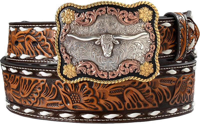Nocona Brown Floral Tooled Belt with Longhorn Scalloped Buckle - West 20 Saddle Co.