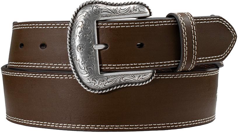 Nocona Brown Double Stitched Leather Belt with Southwest Ribbon Inlay - West 20 Saddle Co.