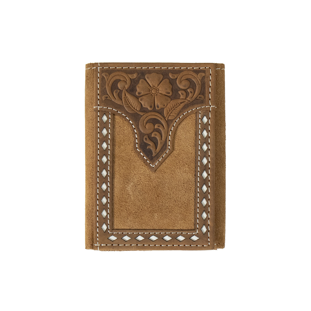 Nocona Tan Roughout Leather White Buckstitched Trifold Wallet