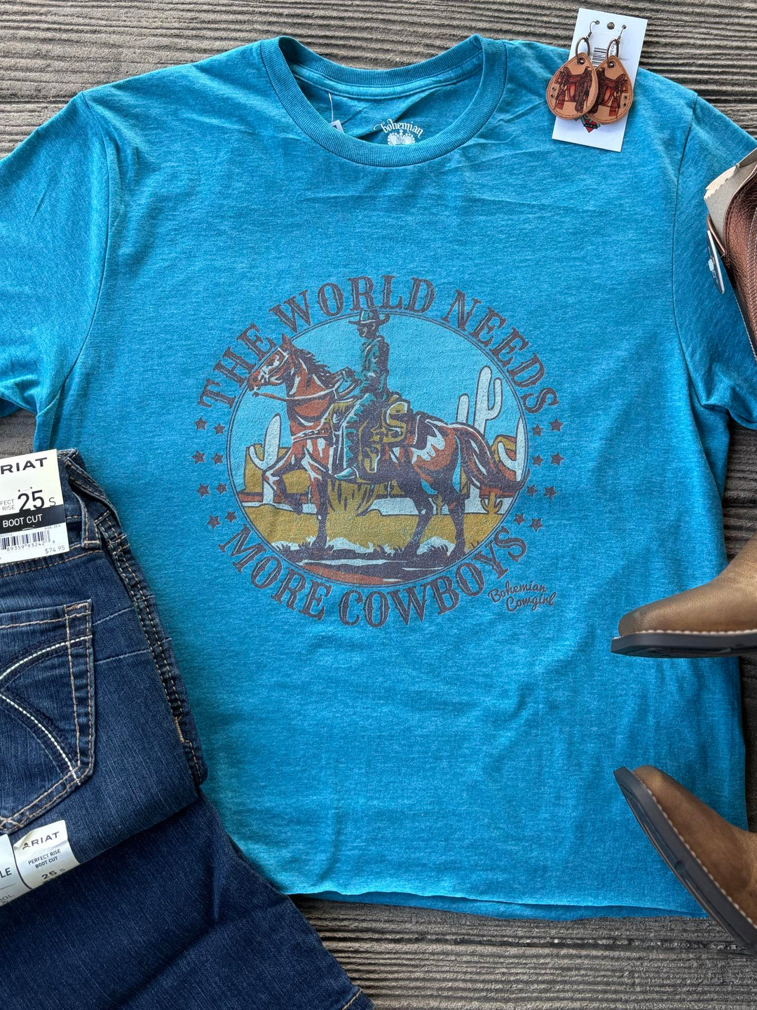 Bohemian Cowgirl Teal The World Needs More Cowboys Tee