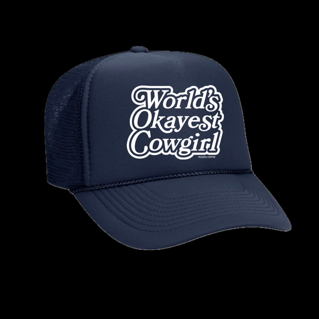 Rodeo Hippie Navy World's Okayest Cowgirl Trucker Hat