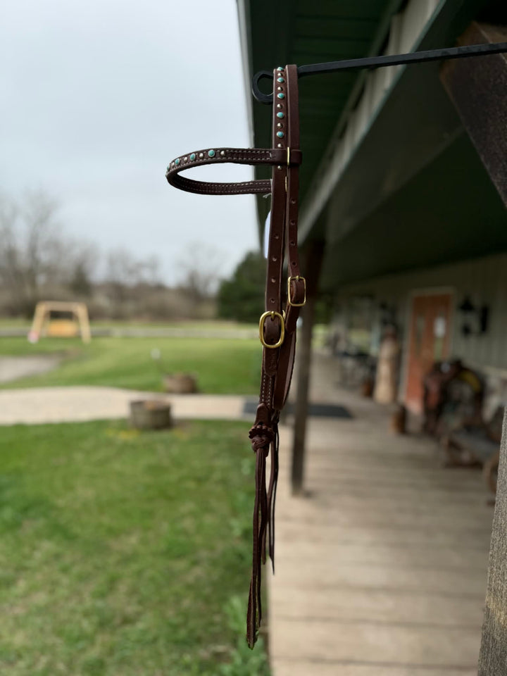 Dutton Bits Turquoise Dotted and Double Stitched Browband Headstall with Rattlesnake Knots
