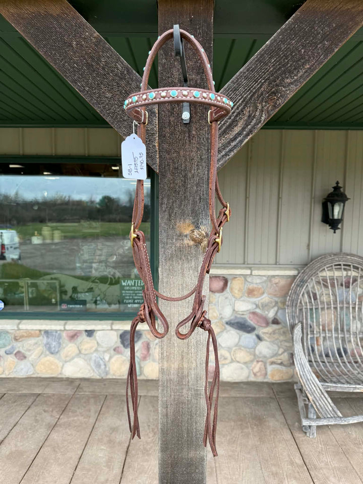 Dutton Bits Turquoise Dotted and Double Stitched Browband Headstall with Rattlesnake Knots
