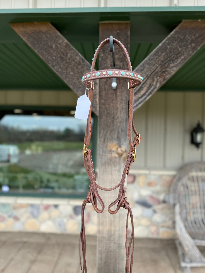 Dutton Bits Turquoise Dotted and Double Stitched Browband Headstall with Rattlesnake Knots