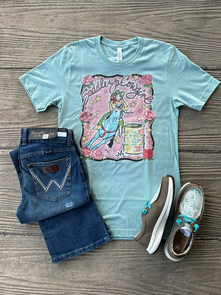 West 20 Dusty Blue Saddle Up Cowgirl Tee
