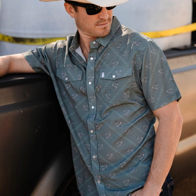 Raised By Coyotes Men's Grey Sidewinder Pearl Snap Short Sleeve Shirt