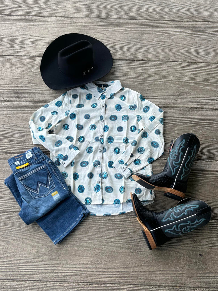 Fashion Express Women's Turquoise Concho Print Button Down Shirt
