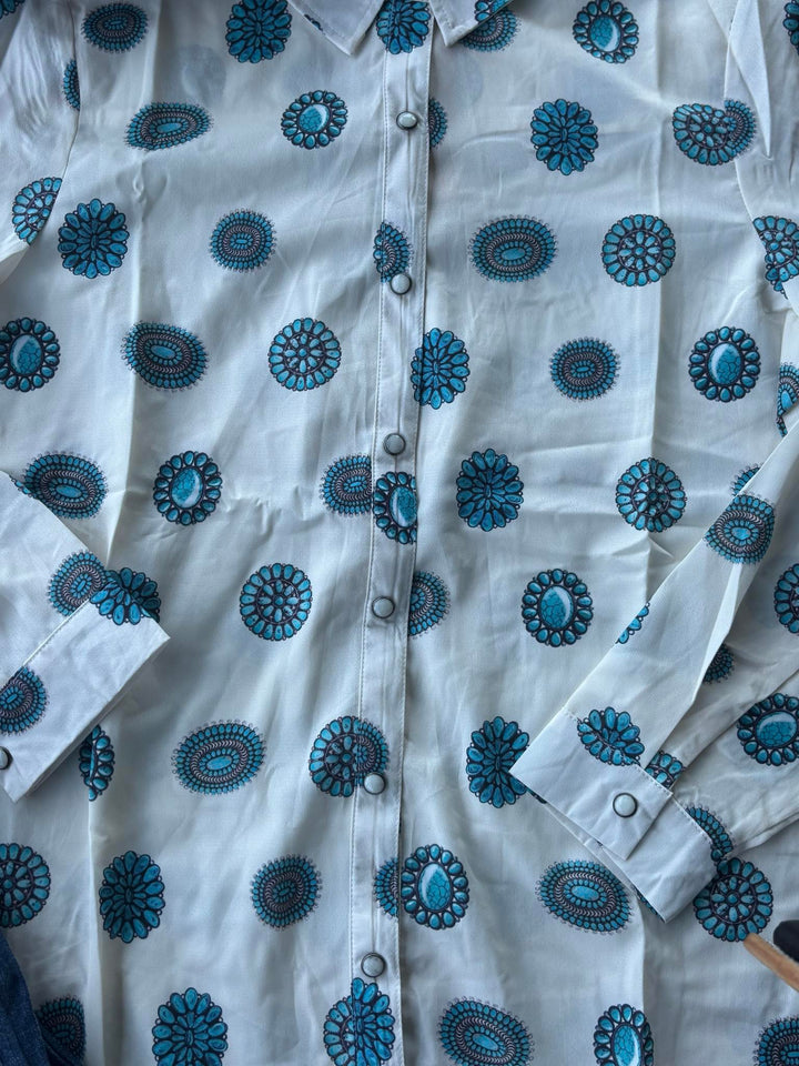 Fashion Express Women's Turquoise Concho Print Button Down Shirt
