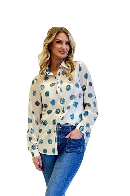 Fashion Express Women's Turquoise Concho Print Button Down Shirt