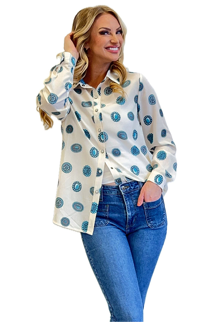 Fashion Express Women's Turquoise Concho Print Button Down Shirt
