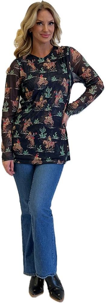 Fashion Express Women's Black Western Print Top