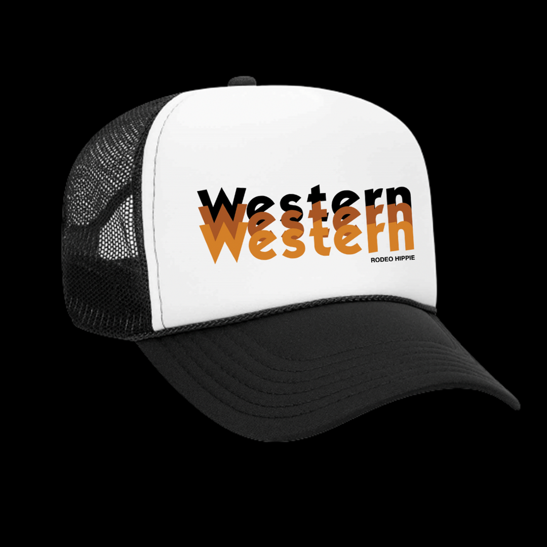 Rodeo Hippie Black and White Triple Western Trucker Cap