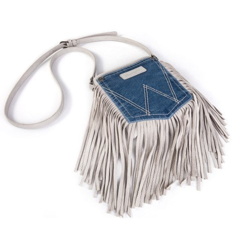 Wrangler White Leather Fringe Denim Pocket Crossbody Bag