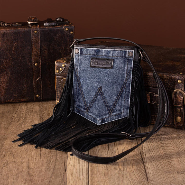 Wrangler Black Leather Fringe Denim Pocket Crossbody Bag
