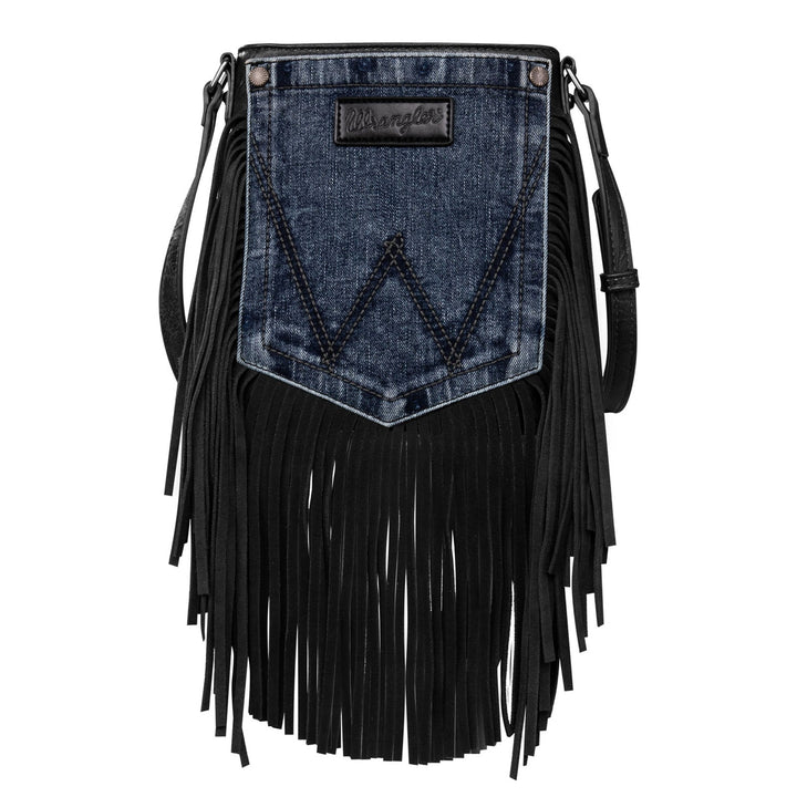 Wrangler Black Leather Fringe Denim Pocket Crossbody Bag