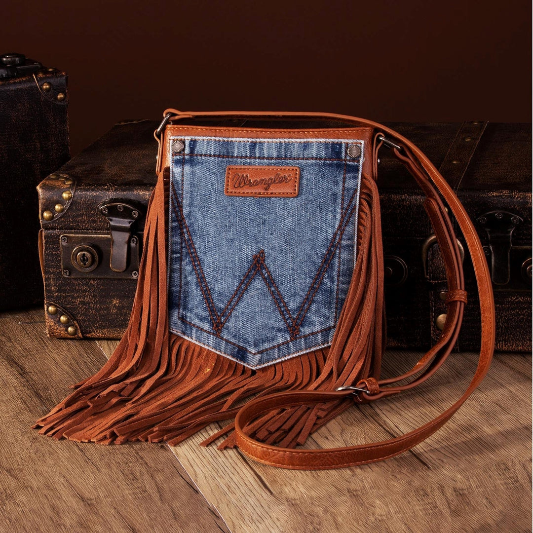 Wrangler Brown Leather Fringe Denim Pocket Crossbody Bag