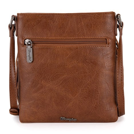 Wrangler Light Brown Leather Fringe Denim Pocket Crossbody Bag